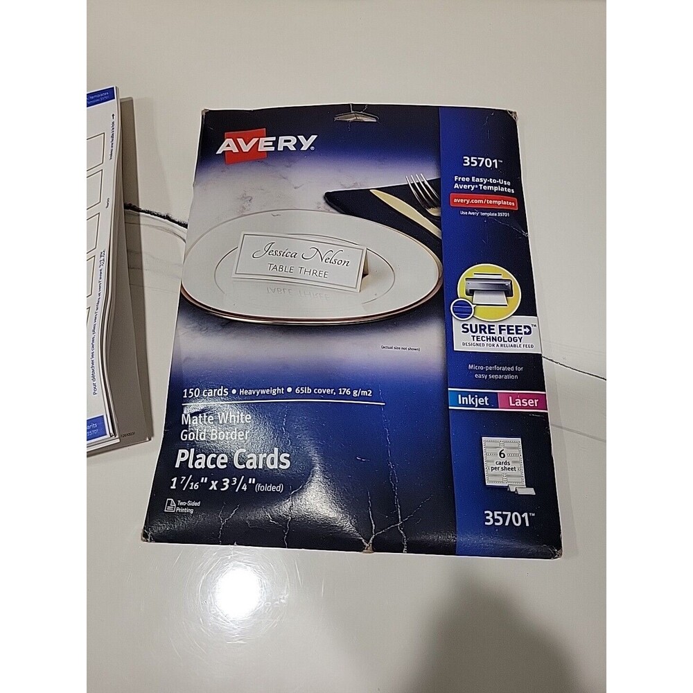 Avery 35701 3.75" x 1.44" Tent Cards - White/Gold (150/PK) New